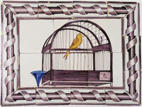 Antique Delft tile mural with a manganese birdcage and a yellow canary, 18th century