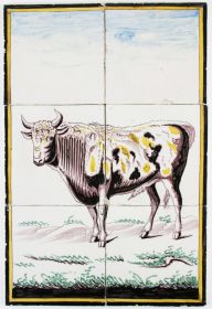 Antique Dutch Delft polychrome tile mural with a bull, 19th century