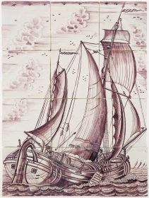 Antique Delft tile mural in manganese depicting a Koff ship under sail, 18th century