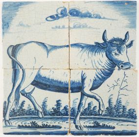 Antique Delft tile mural with a cow facing to the right, early 19th century