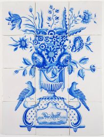 Antique Delft tile mural with a richly decorated with flower vase and two beautiful birds on each side, late 18th century