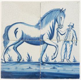 Antique Delft tile mural in blue depicting a Frisian horse and its owner, 18th/19th century Harlingen