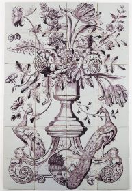 Antique Delft tile mural in manganese with a richly decorated flower vase with peacocks on each side, 18th century