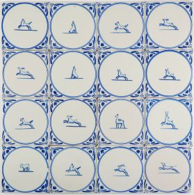 Antique Delft wall tiles in blue with animals in a cirlce 'springers', late 19th century