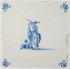Antique Delft tile depicting a Chinese person, 17th century