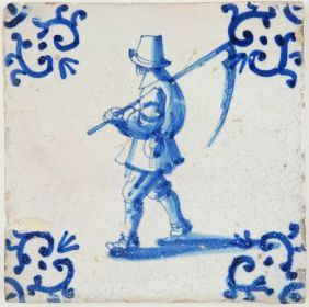Antique Delft tile a farmer carrying a sickle on his shoulder, 17th century