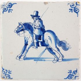 Antique Delft tile with a horserider and his horse empyting the bladder, 17th century