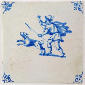 Antique Delft tile in blue depicting a hunter and his dog, 17th century