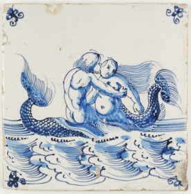Antique Delft tile with a mermaid and merman in a romantic scene, 17th century Harlingen