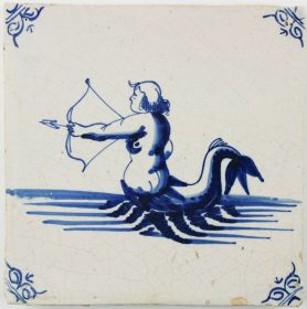 Antique Dutch Delft tile with a merman shooting a bow and arrow, 17th century