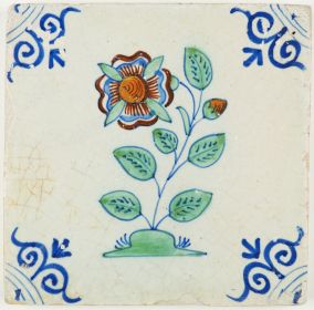 Antique Dutch Delft tile with a beautiful polychrome flower, 17th century