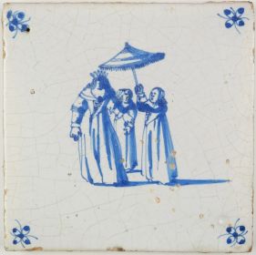 Antique Delft tile with a queen/regent and her servants holding an umbrella, 17th century