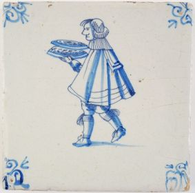 Antique Delft tile in blue with a servant, 17th century