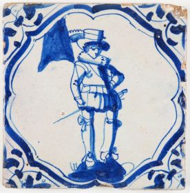 Antique Delft tile in blue with a standard-bearer, 17th century