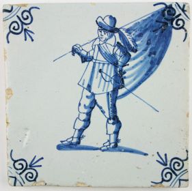 Antique Dutch Delft tile depicting a soldier as a Standard-Bearer