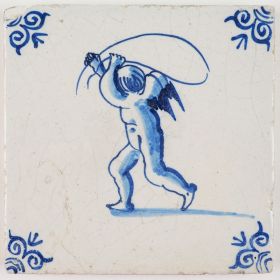 Antique Delft tile in blue with Cupid playing with a jumping rope, 17th century