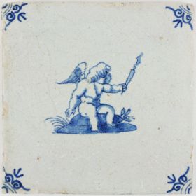 Antique Dutch tile with Cupid sitting and lifting a torch, 17th century