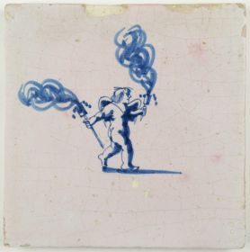 Antique Delft tile with Cupid holding two torches, 17th century
