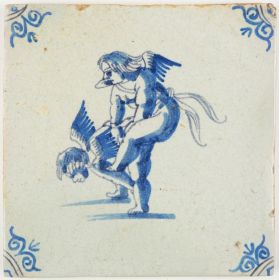 Antique Delft tile with two Cupids playing a game of leapfrog, 17th century