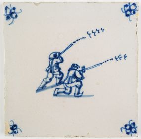 Antique Delft tile with two men hunting birds, 18th century