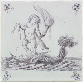 Antique Dutch Delft wall tile depicting Cupid holding a torch while riding a dolphin, 17th century