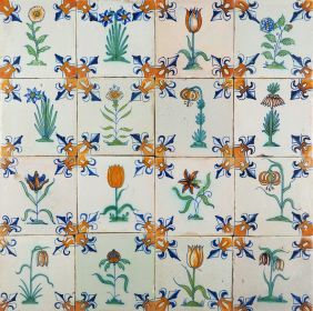 Antique Dutch Delft wall tiles with polychrome flowers with a fleur-de-lis corner, 17th century