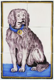 Antique Dutch Delft polychrome tile mural with a dog wearing a collar, 19th century