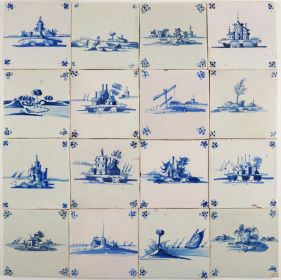 Antique Dutch Delft wall tiles with landscapes in blue, 17th century
