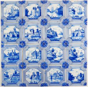 Antique Dutch Delft wall tiles in blue with maritime and landscape scenes, late 19th century