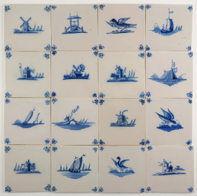 Antique Delft wall tiles with landscapes in blue, 18th century Rotterdam