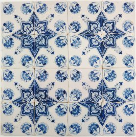Antique Dutch Delft wall tiles in blue with Dianthus flower ornamental pattern, 18th century
