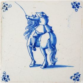 Antique Delft tile with a horse rider in blue, 17th century