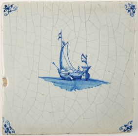 Antique Delft tile in blue with a ship under sail, 17th century