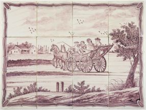 Antique Delft tile mural in manganese with a family in their horse-drawn carriage 19th century Rotterdam