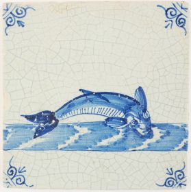 Antique Delft tile with a large fish in blue, 17th century Rotterdam
