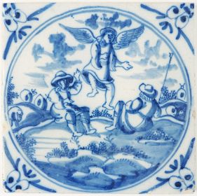 Antique Delft tile depicting the Biblical scene in which the angels announce the birth of Jesus, 18th century