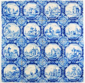Antique Delft wall tiles in blue with various landscape scenes, original 19th century