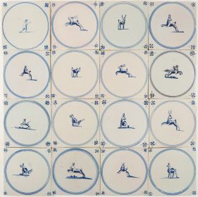 Antique Dutch Delft wall tiles with animals in blue circle 'springers', 18th - 19th century