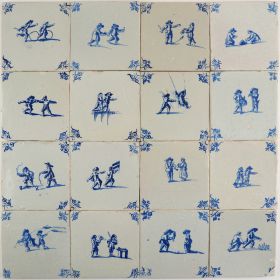 Antique Delft wall tiles in blue with many different child's play scenes, 17th century