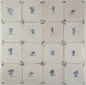 Set of antique Delft wall tiles with Cupids in blue, 17th century