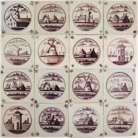 Antique manganese Dutch Delft wall tiles with landscape scenes in circle, 18th and 19th century