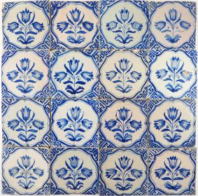 Antique Dutch Delft wall tiles with three headed tulips blue, 17th century