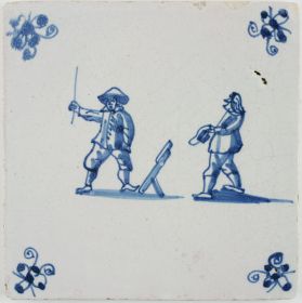 Antique Delft child's play tile with children playing a game of 'Klinkaert', 17th century