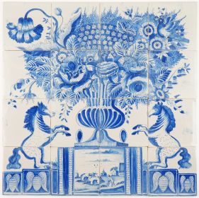 Antique Delft tile mural in blue with a richly decorated flower vase and two prancing horses, 19th century