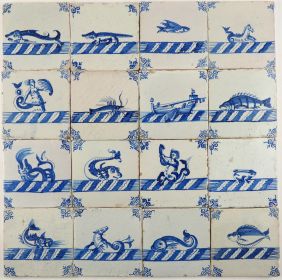 Extraordinary set of 16 antique Dutch Delft wall tiles with sea creatures and a boat, 17th century