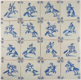 Extraordinary field of 110 antique Dutch Delft tiles with an entire Cavalry army, 17th century
