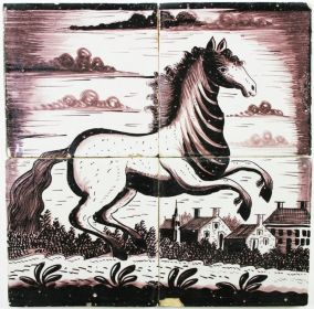 Antique Delft tile mural with a prancing horse in manganese, 19th century