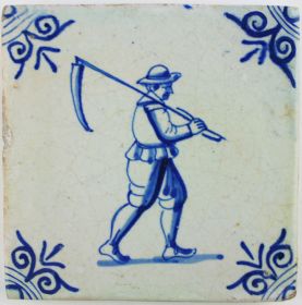 Dutch Delft tile depicting a farmer carrying a scythe