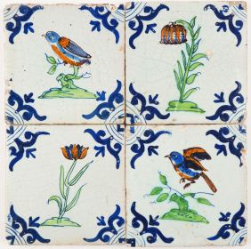 Set - Four polychrome Delft tiles with birds and flowers, early 17th century