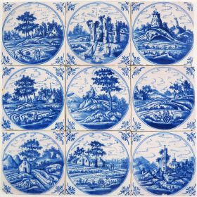 Set of nine antique Delft tiles in blue with very detailed landscape scenes, 18th century